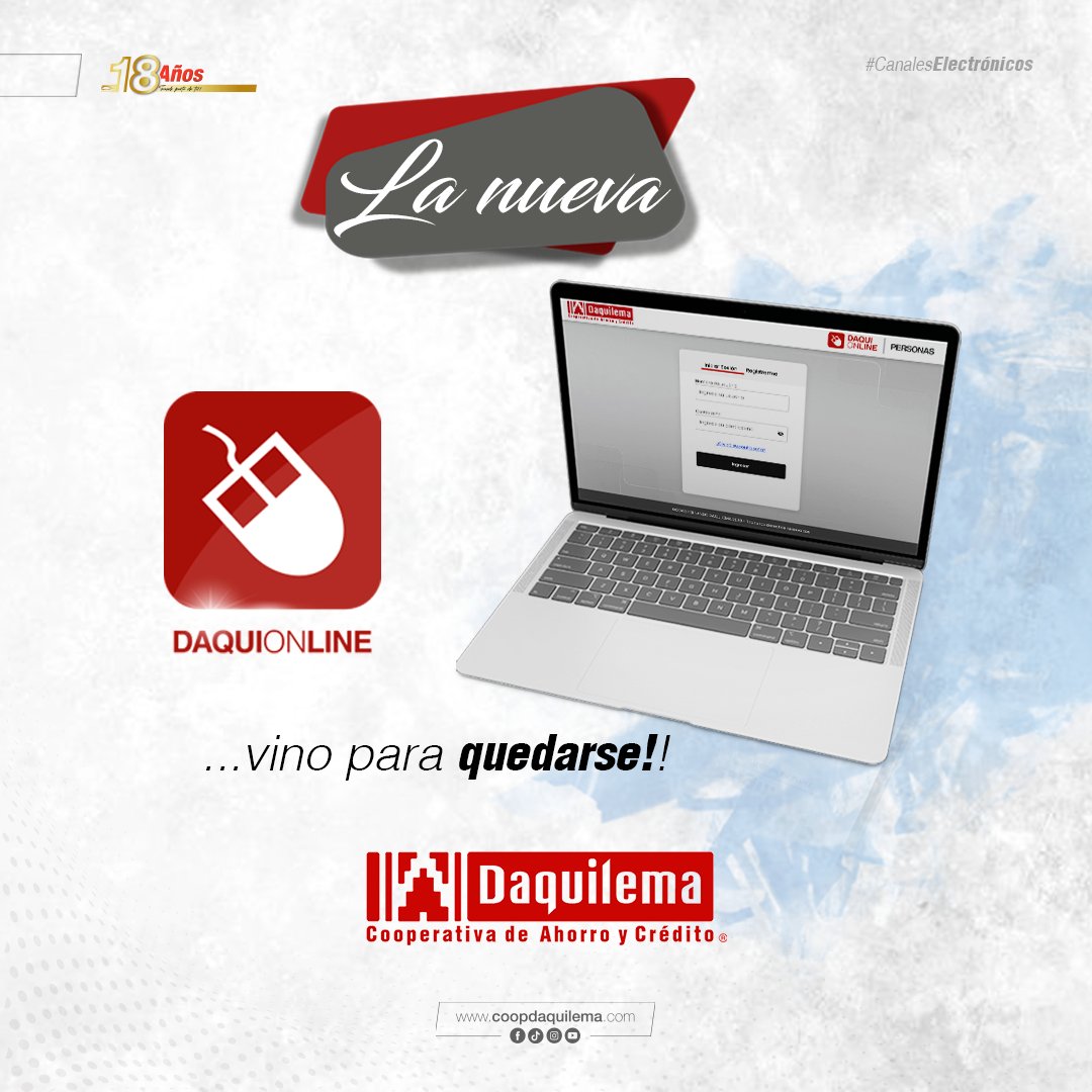 La nueva DaquiOnline, vino para quedarse.
coopdaquilema.com 
#CoopDaquilema   
#SomosParteDeTi