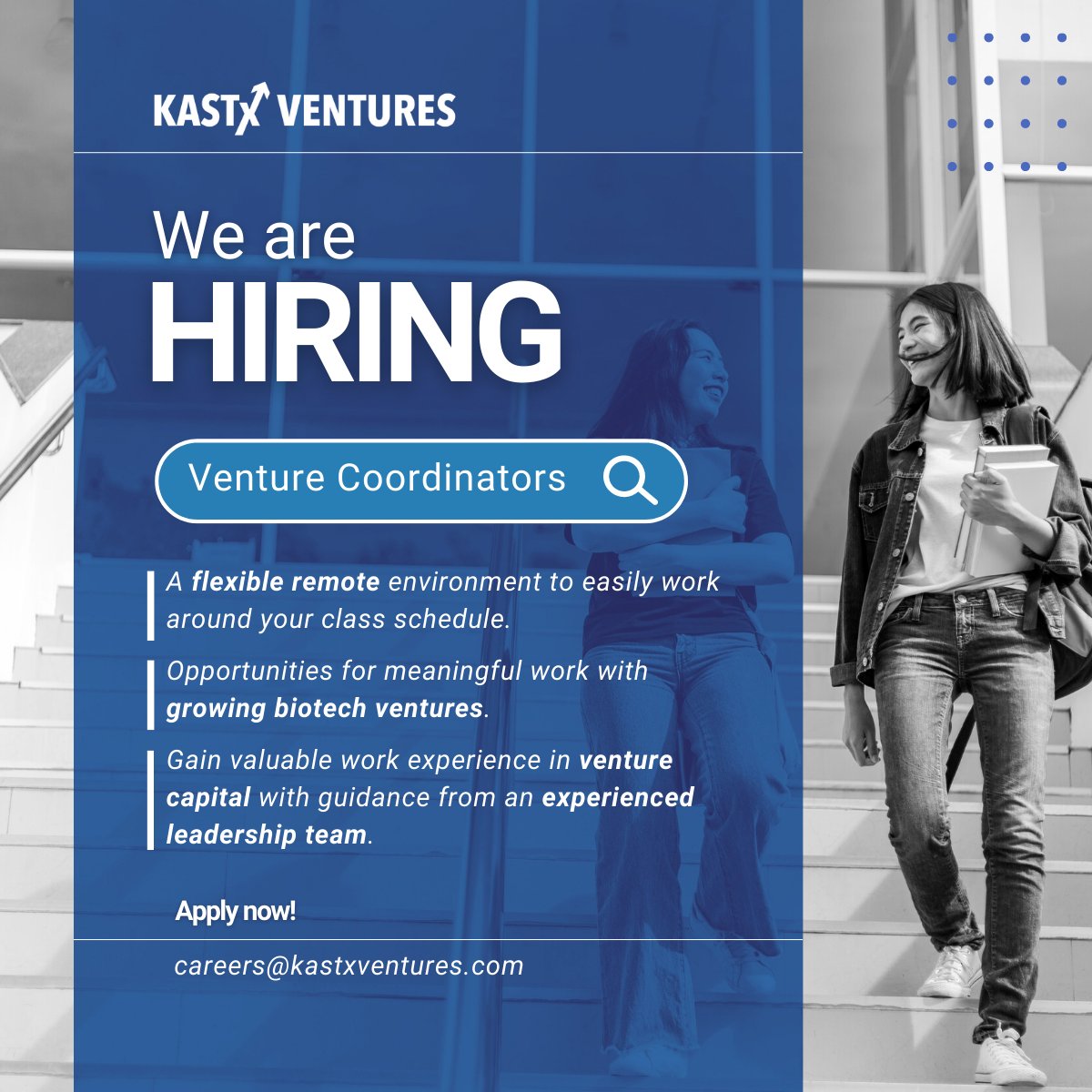 Attention Alberta BComm students: we are #hiring for two new Venture Coordinators for the fall semester! Please note, as a grant-funded position, international students are not eligible.

Learn more: zurl.co/GH2Z

👉 Send applications to careers@kastxventures.com
