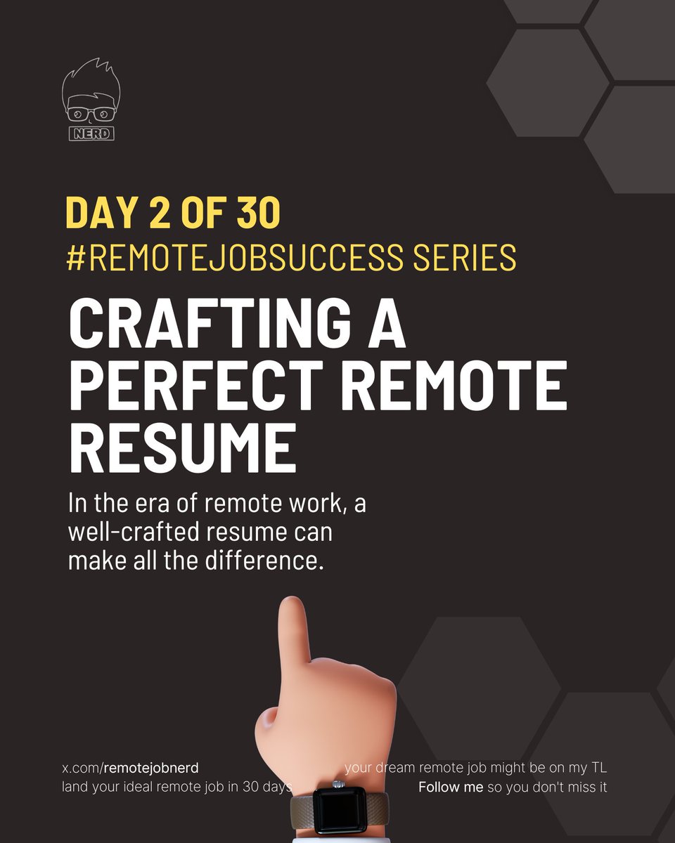 jae_2810's tweet photo. Day 2 of #RemoteJobSuccess:
Crafting the Perfect Remote Resume
Your resume is your virtual introduction to potential employers. Here's how to create the perfect remote work resume that stands out from the crowd.
A short thread π§΅
#remotejobs #TechisHiring #devs #uidesign #tips https://t.co/dWVvfu5JON