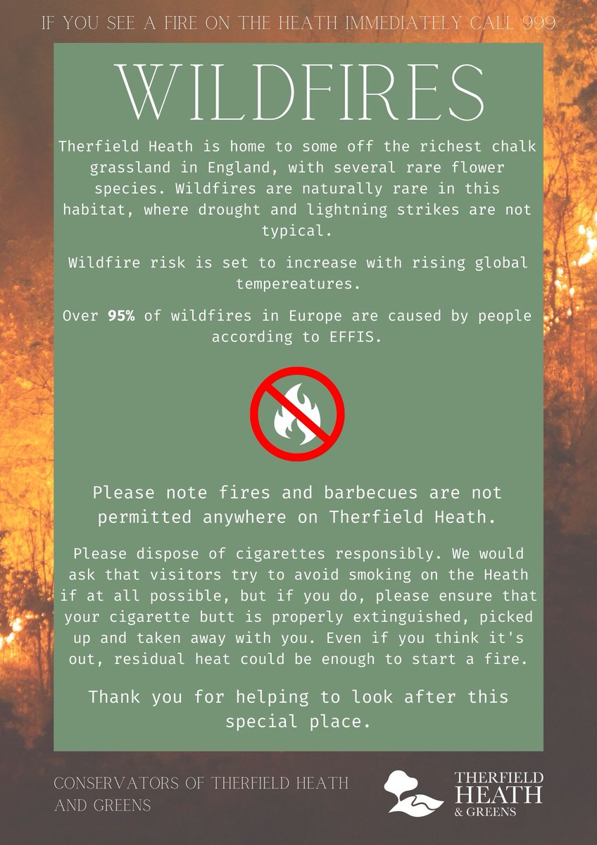 With the sun shining please be extra vigilant with ignition sources and please note fires and barbeques are not permitted anywhere on Therfield Heath.