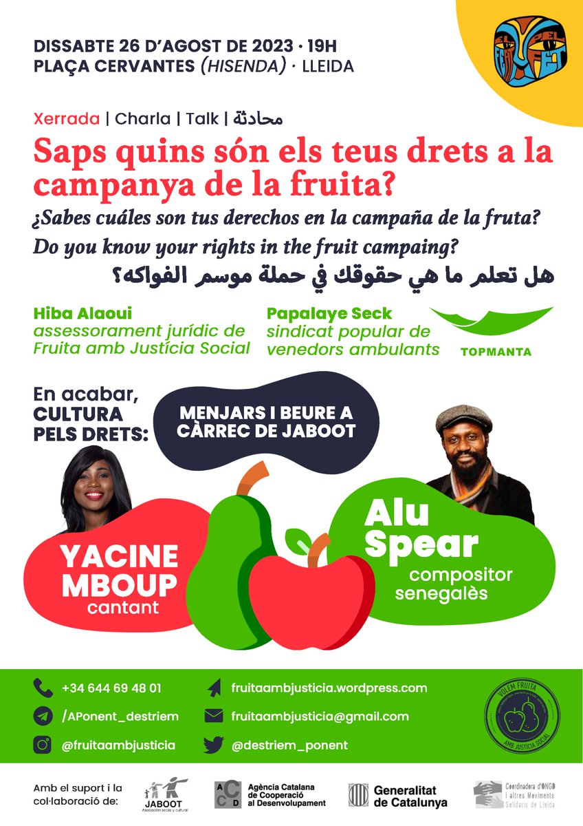 📢 Unim-nos pels Drets!

Música, cultura i consciència per transformar vides i lluitar pels drets laborals.

Amb el Sindicat Popular de venedors ambulants de Barcelona (TopManta), Jaboot i gràcies al #FeatPelFet✊🏽

El 26 d'agost a les 19h a la Plaça Cervantes de Lleida!