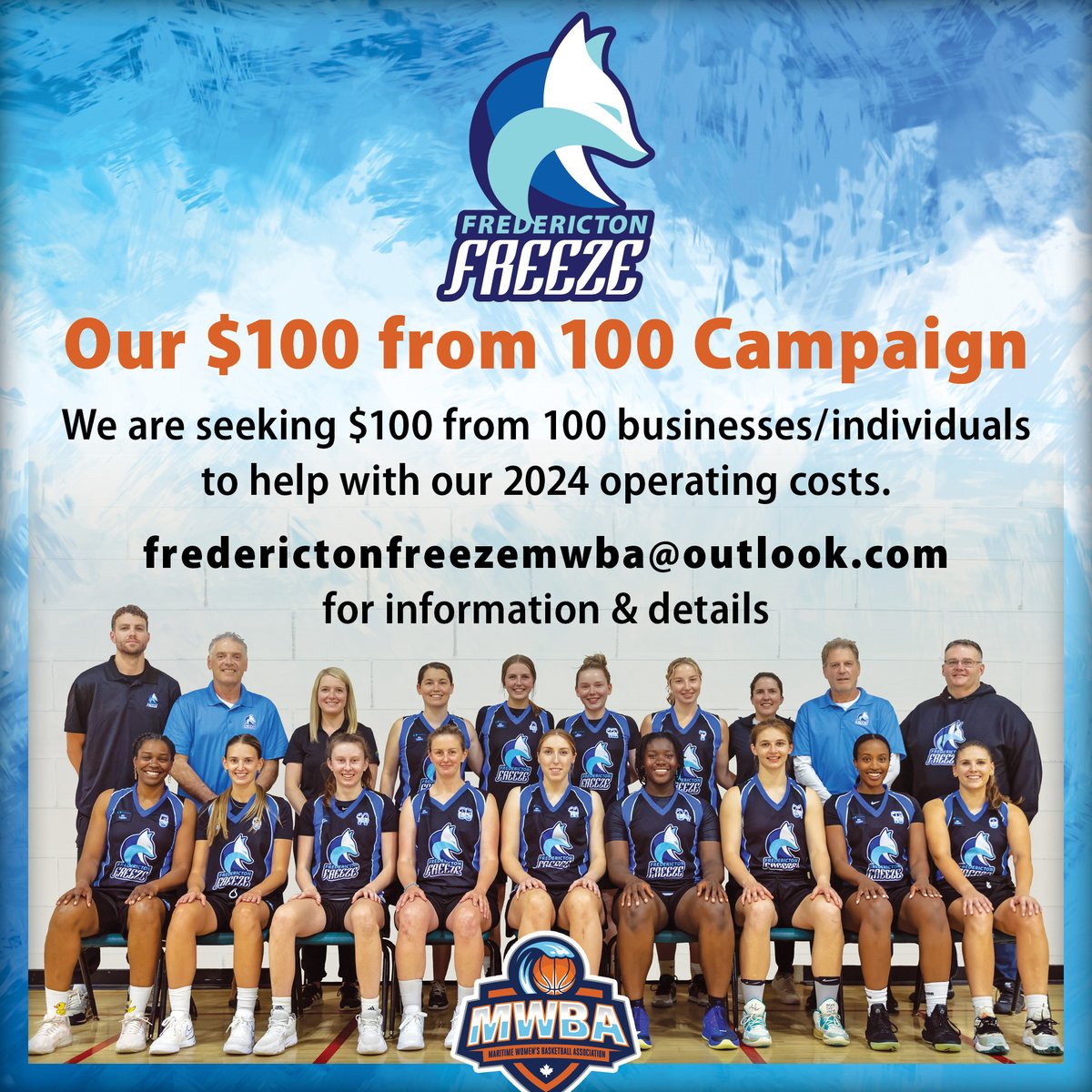 The economy is tough these days. Which is why our @themwba team is trying something different in the fundraising arena. Our $100 From 100 campaign started today with an eye toward 2024. Oh - and did we mention you can read about it on our new website? - frederictonfreeze.ca/2023/08/21/fun…