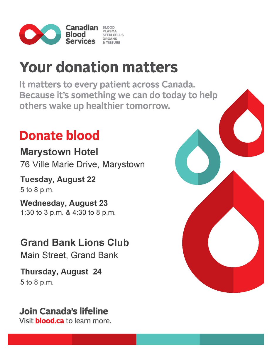 Give like lives depend on it because they do! There's need for all blood types; donate this week on the Burin Pen.
Marystown Hotel:
Tue, Aug 22, 5-8pm
Wed, Aug 23, 1:30-3pm, 4:30-8pm Grand Bank Lions Club:
Thur, Aug 24, 4-8pm
blood.ca, GiveBlood App, 1 888 2 DONATE