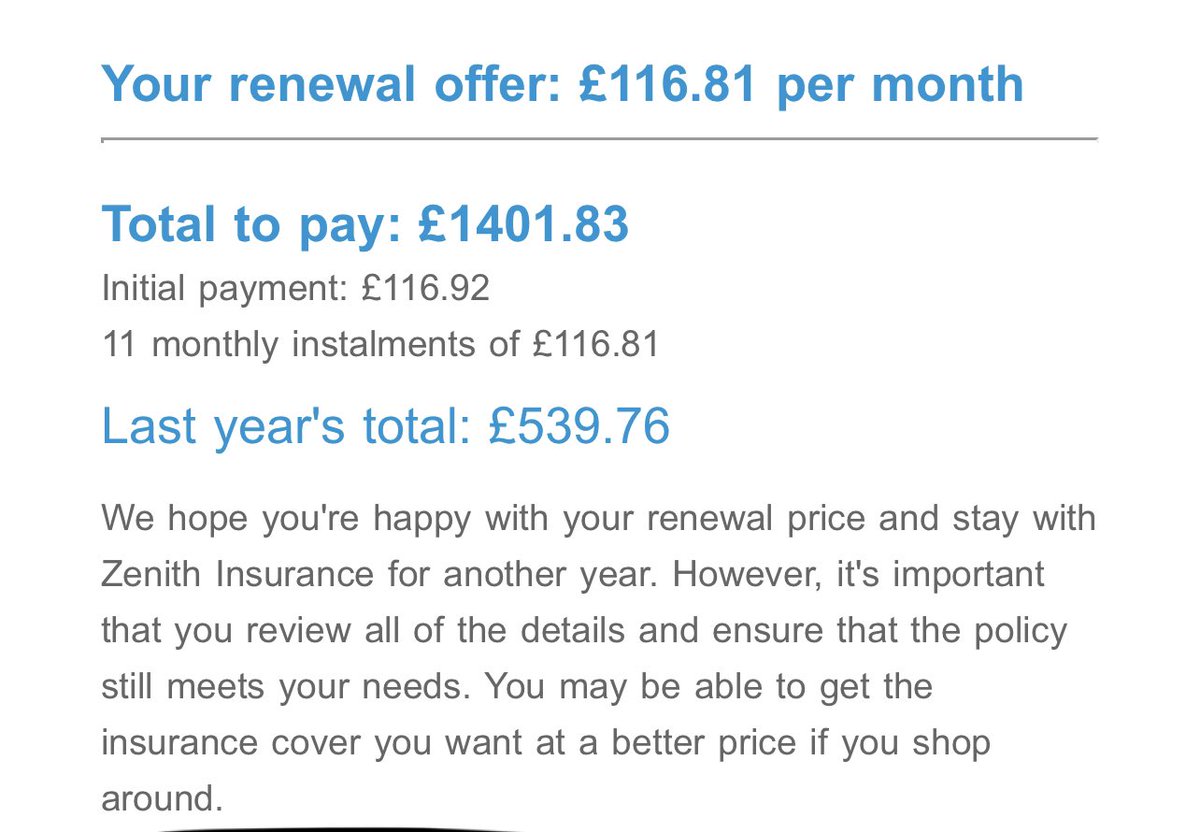 @Zenith_Insure  absolutely awful renewal price over a 150% increase! People are struggling and you’re shafting them with stupid increases! There’s literally no decent explanation for any of this, disgusting.