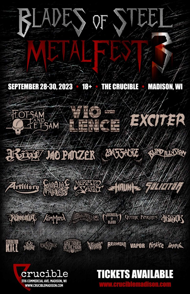 Here is the updated flier for Blades of Steel metal fest 3 September 28-30. We will be playing Thursday which is the same night Flotsam and Jetsam are headlining!
