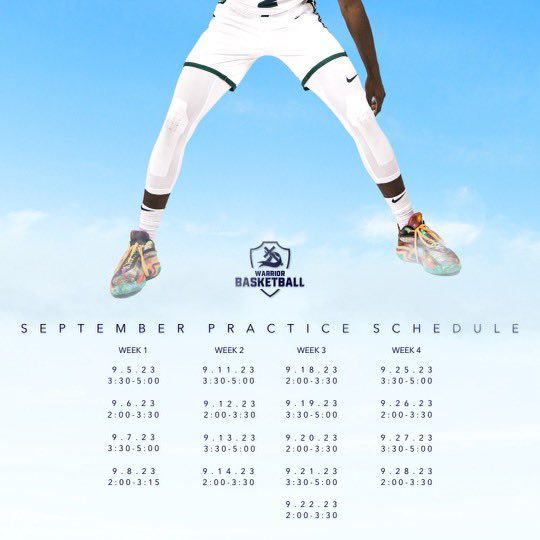 September practice schedule release. Coaches mark your calendars. We have several prospects that can play at all levels. See you soon! 🟢🔵⚔️ #warriorsrise #recruitwarriors #statechamps