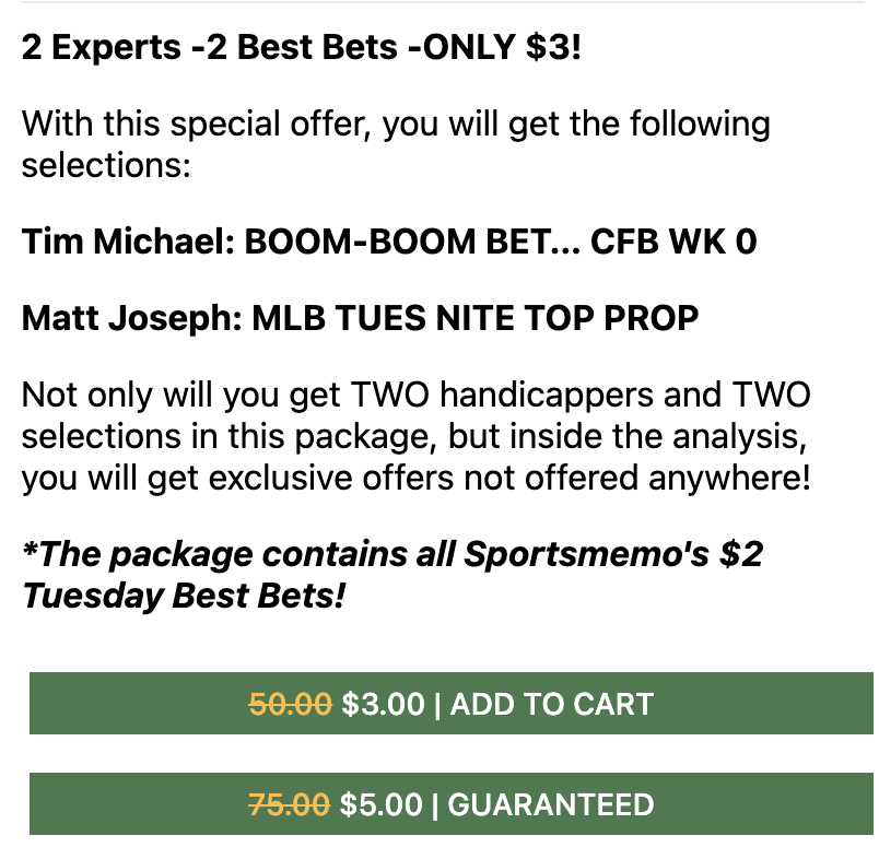 sportsmemo's tweet photo. 🤑 $2 Tuesday is LIVE! @LessChalk and @MidMajorMatt are today's highlighted handicappers. With a 3* and 4* play locked and loaded, get one play for two dollars, OR get both best bets for ONLY three bucks! Link below for more information!

➡️ https://t.co/xpoO3Vvawe https://t.co/BLgu7UuuFn