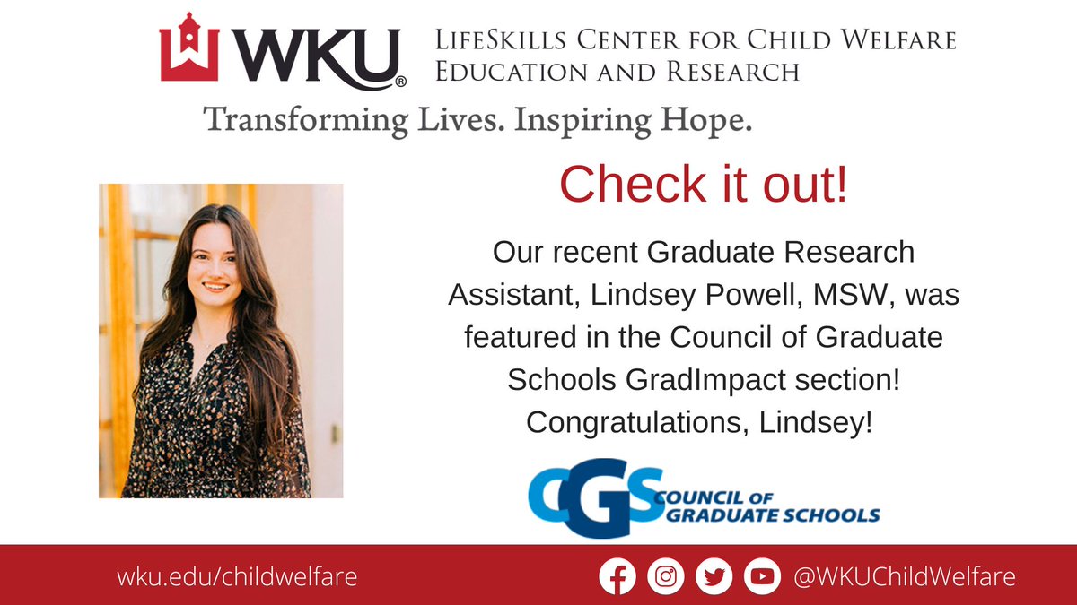 Congratulations to our recent GRA, Lindsey Powell, MSW, for being featured in the Council of Graduate Schools GradImpact Section! The Center is proud of you! Check it out!  ow.ly/MTW850PBX4K  #WKUSocialWork
@_lindseypowell_  @WKUGradSchool