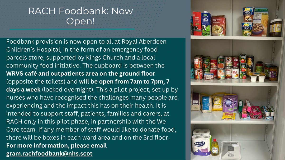 Have you spotted something new in @NHSG_RACH…. Last week saw the launch of the new foodbank for staff, patients, families and carers. For more info please see below and please share. @NHSGEqualities @NHSGrampian @NHSG_Facilities @RACH_Playservic @Reid1Sandy @JasonNicol_GenQ