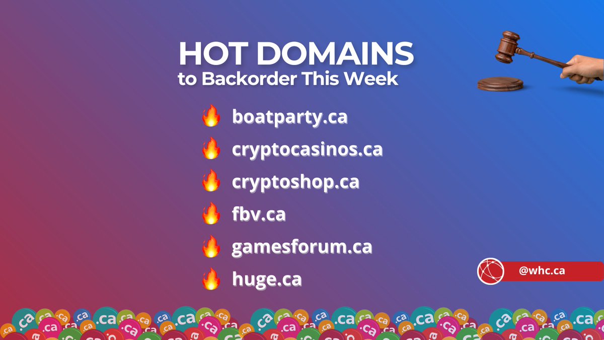 Discover the best .CA domains available in this week's #backorder! 🏆

Our Top 3:
🎰 cryptocasinos .ca
🎮 gamesforum .ca
😲 huge .ca

Plenty of interesting domain names and investment opportunities this week. It's hard to choose!

#domaining #backorderdomains #investing