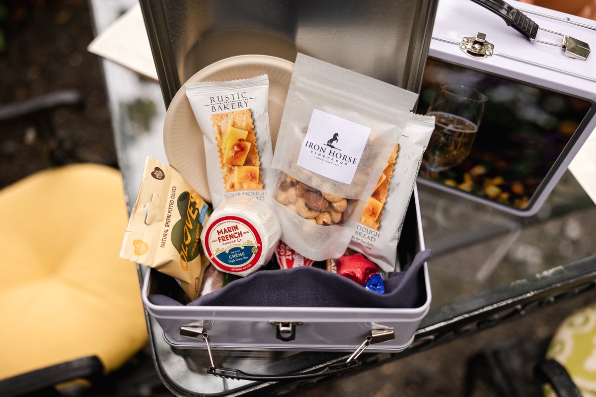 The Iron Horse snack box is an exclusive offering of our Magic of Sparkling Magnums tasting. Filled with a mix of salty, savory, and sweet treats from our partners Journeyman Meat Co, Marin French Cheese, Rustic Bakery, Napa Nuts and Sees Candies, it is perfect with our bubbly.