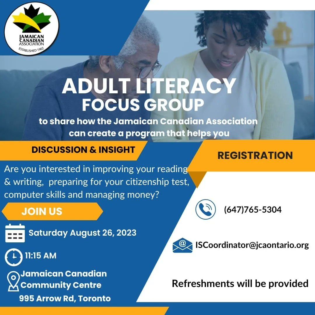 jcaontario's tweet photo. The JCA is exploring the development of a culturally appropriate adult literacy initiative for Jamaican and Caribbean Canadians residing in the GTA.

Join us and share your views.

🗓️ August 26
🕚 10:00am - 12:00pm
📍JCA Centre, 995 Arrow Road https://t.co/XvJXmOX0fk
