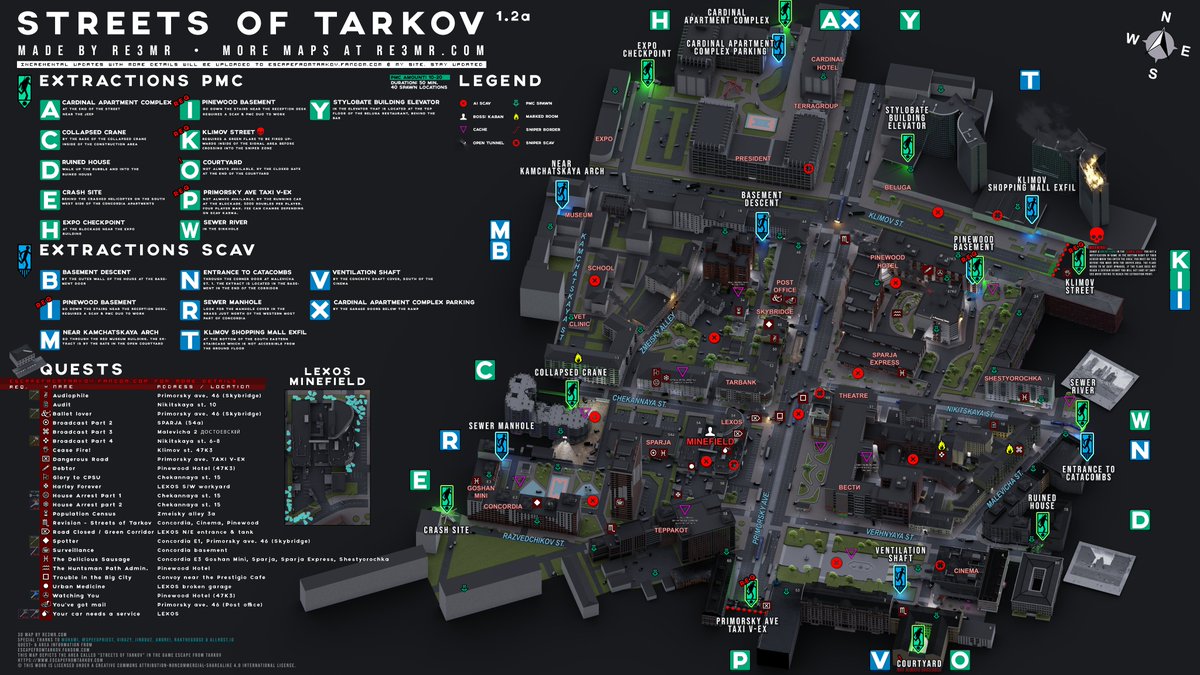 Streets of Tarkov map 1.2a. I changed some of the extract names since BSG updated them. They are Expo checkpoint, Stylobate building elevator &amp; Klimov shopping mall exfil. The map is available on my site reemr.se &amp; the EFT wiki. #EscapefromTarkov