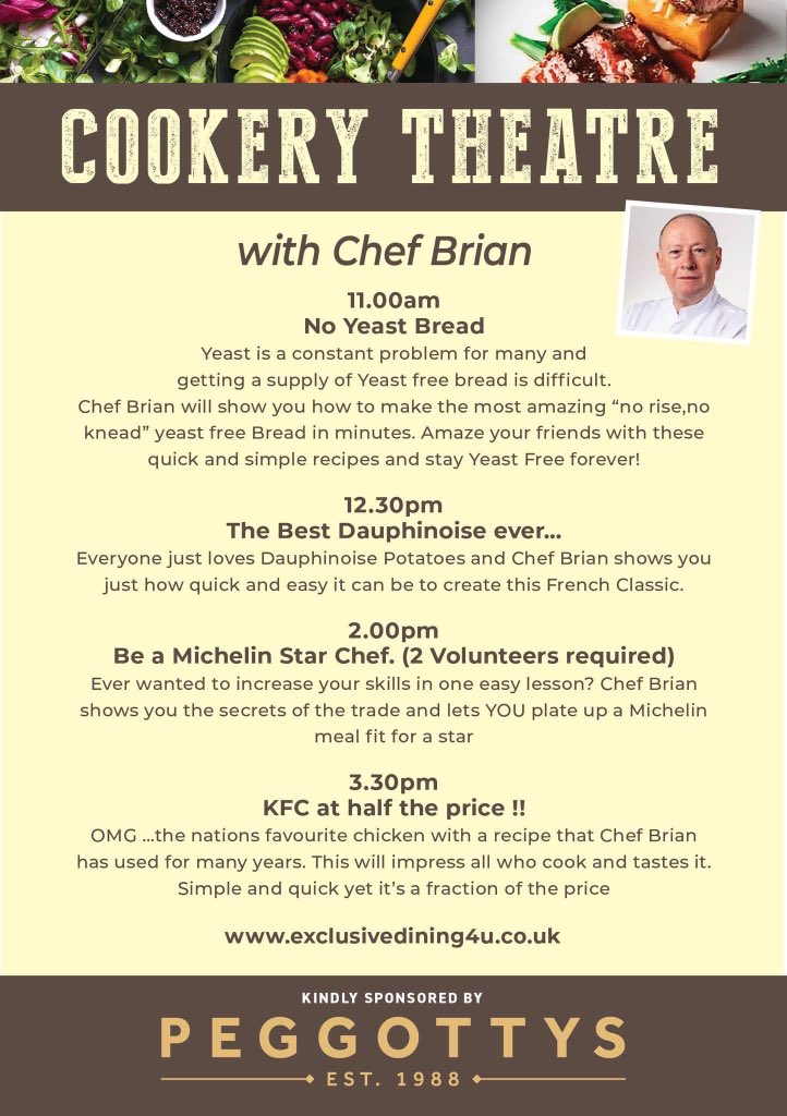 Chef Brian's back this yea with delicious demos over both days. Our artisan food market will be brimming with over 60 stalls including cheese, fresh meat, beers, spirits, cakes, chocolate, spices sausages, fudge, chilli sauces, scotch eggs., vegan options and much more!!