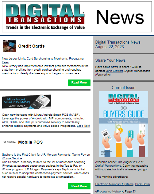 DTPaymentNews's tweet photo. Today’s Digital Transactions News: New Jersey OK’s Surcharging Cap; Sephora Adopts Tap to Pay on iPhone; Feedzai’s Latin America Move
https://t.co/JULRQBYYmV
#payments #surcharging #pricing #creditcards #merchants #TaptoPayoniPhone #contactlesspayments #expansion https://t.co/KmYOqcspsJ