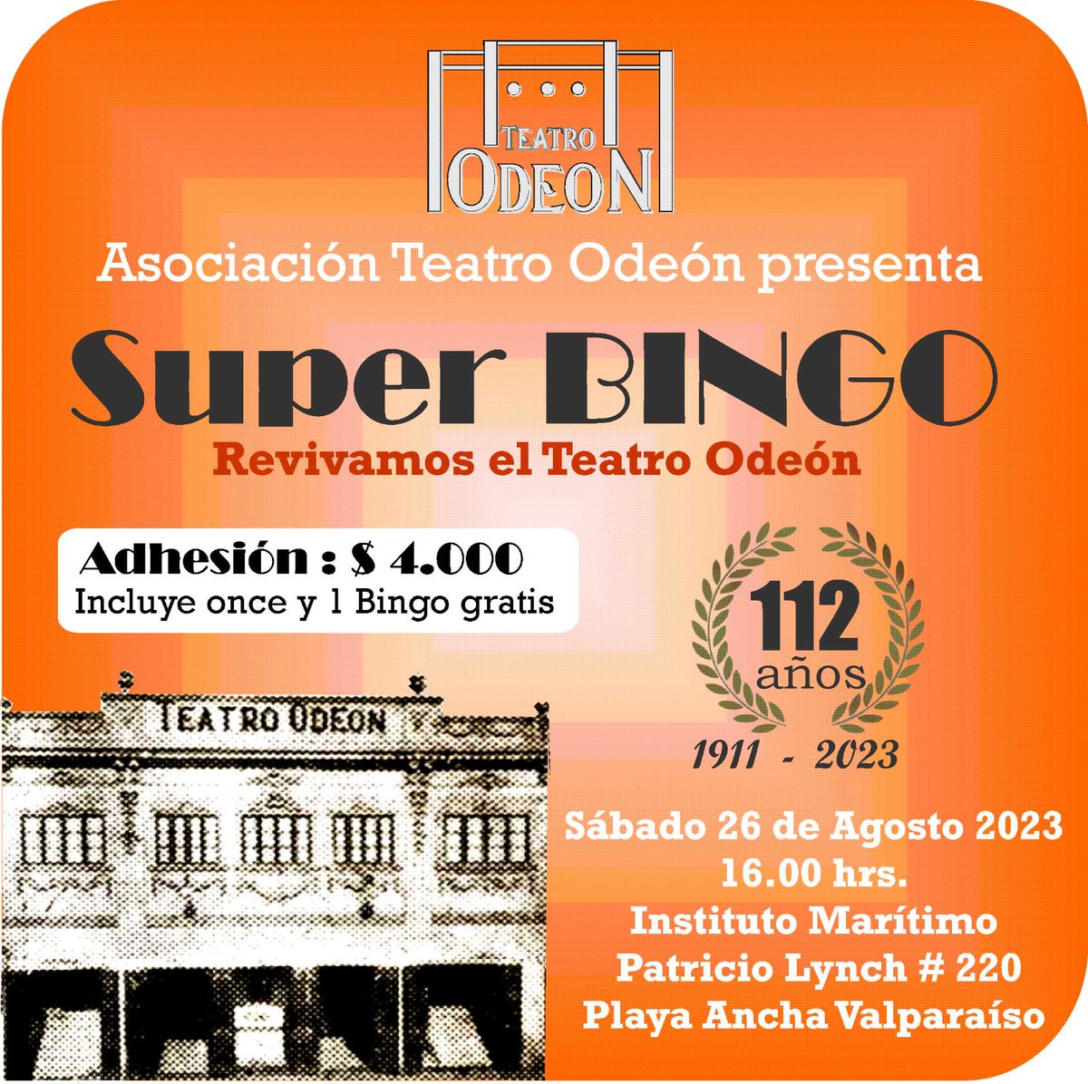 PlazaWaddington's tweet photo. 🎭🎉 Únete al Super BINGO para revivir el Teatro Odeón! Sábado 26 de Agosto, 16:00 hrs, Instituto Marítimo, Playa Ancha, Valparaíso. Adhesión $4,000, incluye once y 1 Bingo gratis. ¡Celebra 112 años de historia y cultura! #RevivamosTeatroOdeón 🏛️💖 https://t.co/ZKTIJpw42m