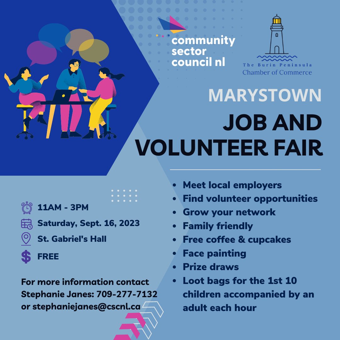 Looking for employment? How about volunteer opportunities? Maybe both?!  Join us for this job &amp; volunteer fair at St. Gabriel's Hall on Saturday, Sept. 16! If you would like to reserve a free table for your business or community group contact: stephaniejanes@cscnl.ca 709-277-7132