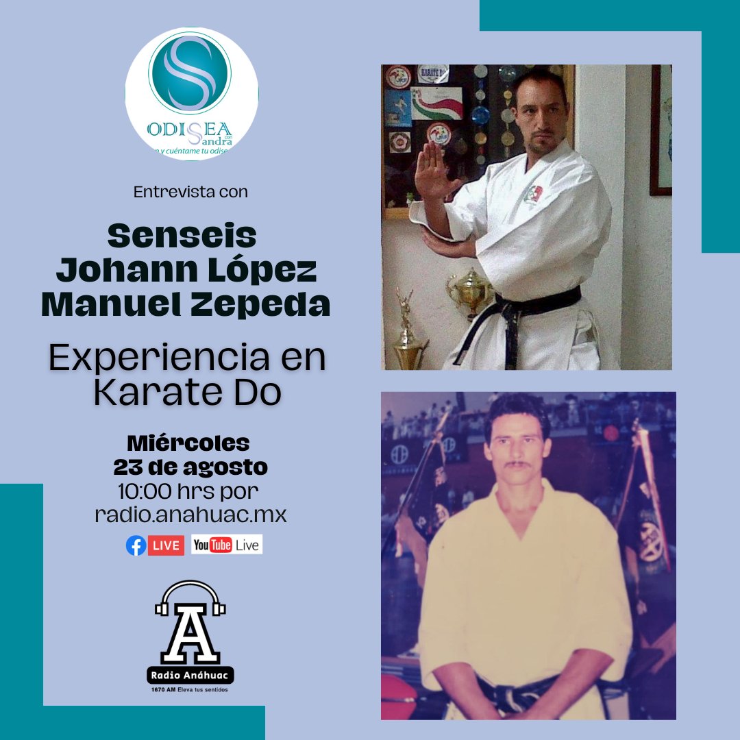 RadioAnahuacAM's tweet image. #Transmisión este #miércoles hablaremos con los Sensei Johann López y Manuel Zepeda, sobre #KarateDo. No te pierdas en #OdiseaConSandra. ¡Acompáñanos!
🕔 10:00 hrs por:
💻 radio.anahuac.mx
🔵 Facebook bit.ly/3Ri6Rnj
🔴 YouTube bit.ly/3yRSXBh