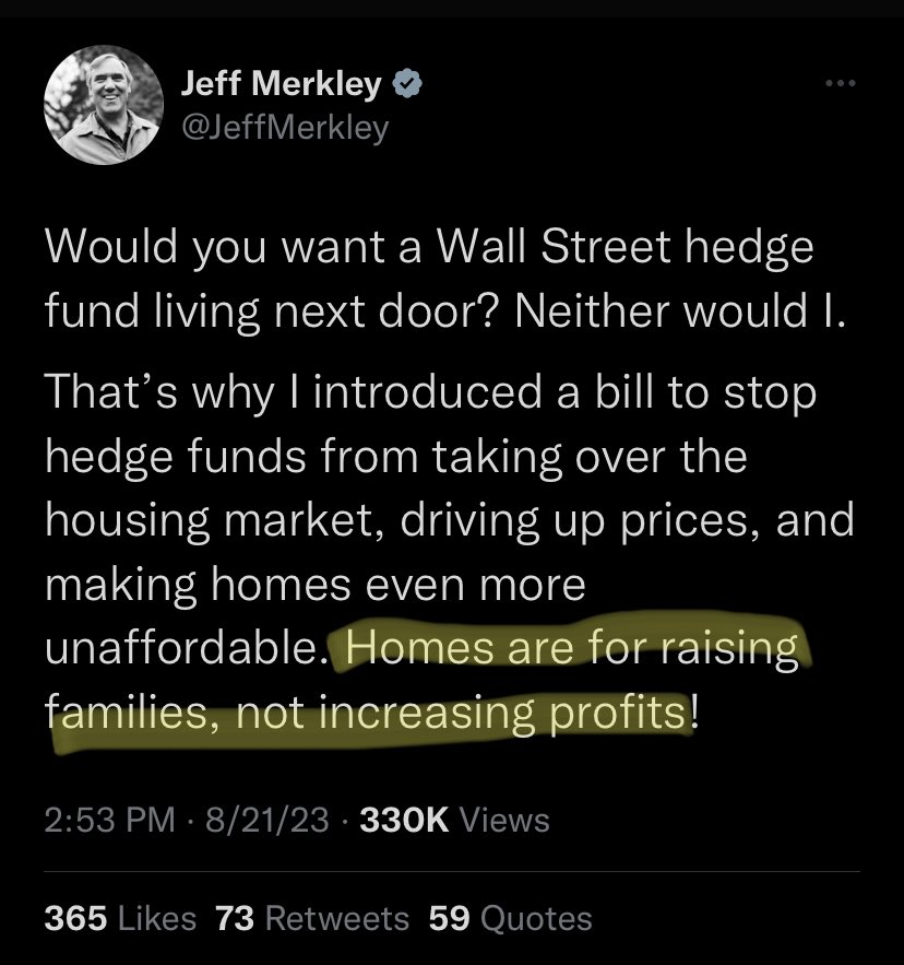 djw172's tweet image. I like @JeffMerkley, but this is appalling anti-renter rhetoric. "Wall Street next door" sounds scary until you think about it for 5 seconds. Actually, next door will be a household of people renting a house. The only reason for that to be "scary" is if you dislike renters.