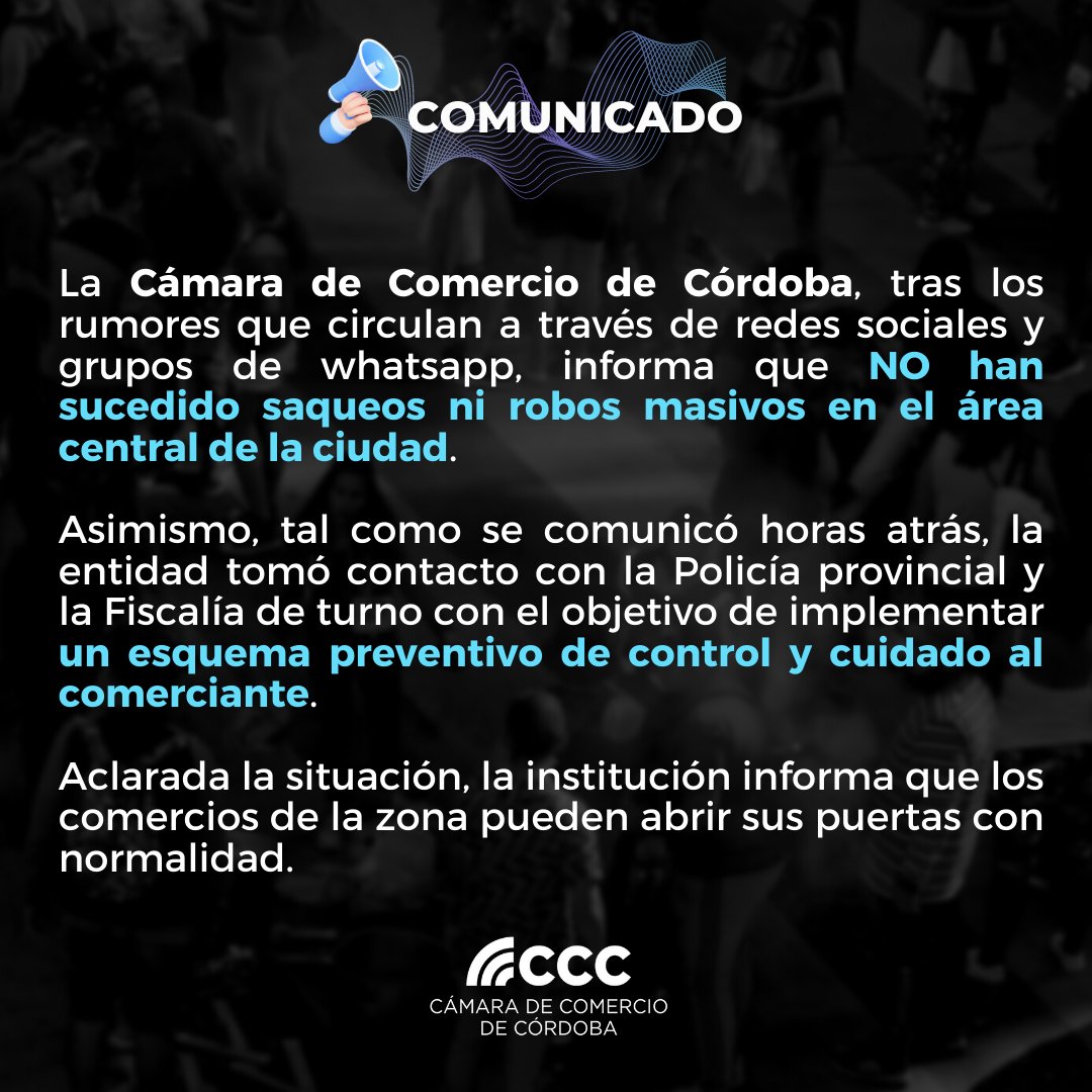 Camcomcba's tweet photo. #ComunicadoCCC | Aclaración de la Cámara de Comercio de Córdoba frente a los rumores que circulan a través de redes sociales y grupos de whatsapp. https://t.co/UnShpDa0jH