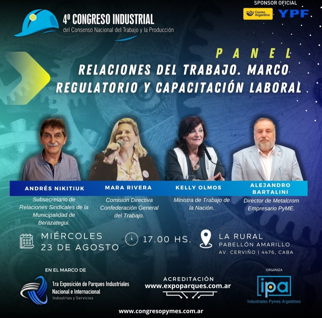 #congresoindustrial

🏗️ 👷Seremos parte del panel de "Relaciones del Trabajo, Marco Regulatorio y Capacitación Laboral" este miércoles 17hs en la Rural
