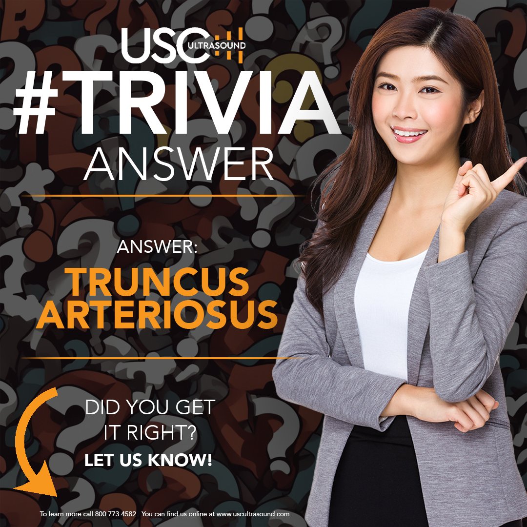 USCImaging's tweet photo. Did you get it right?  The answer to yesterday's trivia question is Truncus Arteriosus.  Be sure to stay tuned for more trivia!
Visit us online at https://t.co/zQt08EP9bi
#ultrasound #uscultrasound #trivia #sonography #sonographer #medicaldevice #health #healthcare https://t.co/ggtqJbz8gi