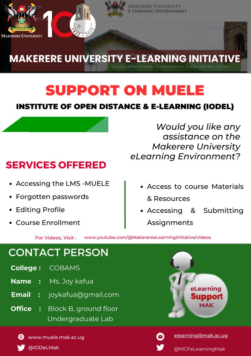 MCFeLearningMak's tweet photo. Dear Fresh Men and Women!
Welcome to @Makerere.
Should you need any assistance on MUELE(Makerere University Elearning Environment), our dedicated team of Elearning Support officers is here to help you with a seamless  experience at your college. https://t.co/MqS6kOee13