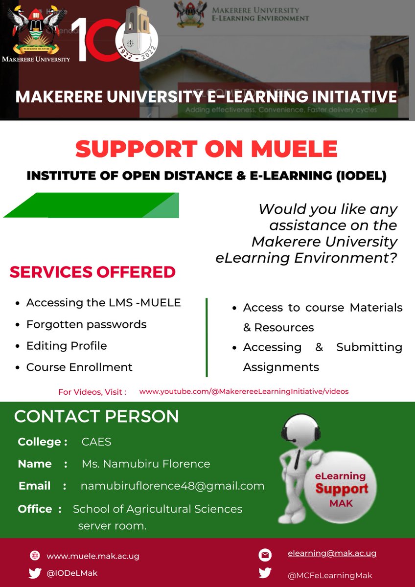 MCFeLearningMak's tweet photo. Dear Fresh Men and Women!
Welcome to @Makerere.
Should you need any assistance on MUELE(Makerere University Elearning Environment), our dedicated team of Elearning Support officers is here to help you with a seamless  experience at your college. https://t.co/MqS6kOee13