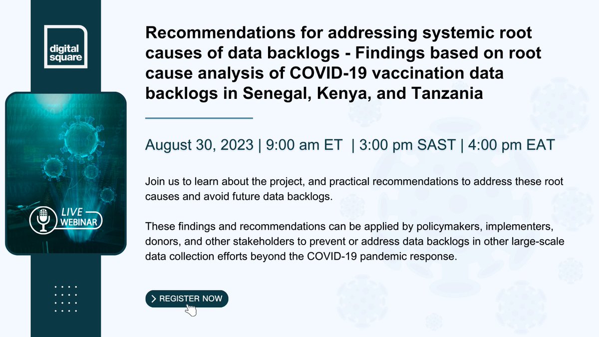 DigitalSQR's tweet photo. Interested in data-driven solutions? Join us on August 30, 9:00 am ET for a webinar on tackling data backlogs in #COVID19 vaccination data. Discover insights from #Kenya, #Senegal, and #Tanzania and learn how to prevent future challenges. 
Register here: https://t.co/MKnmpbwTRI https://t.co/7Q5BOBZKjg