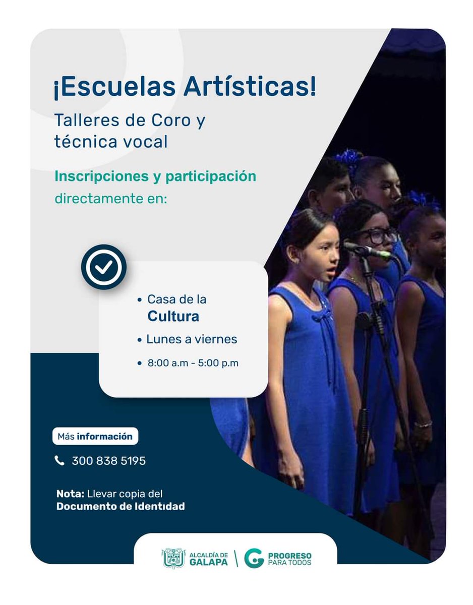 CulturaGalapa's tweet image. ¡Escuelas artísticas de la Casa de la Cultura!🎙️

Talleres de Coro y técnica vocal. Inscripciones en la Casa de la Cultura de lunes a viernes 8:00 a.m. a 5:00 p.m. 

#ProgresoParaTodos