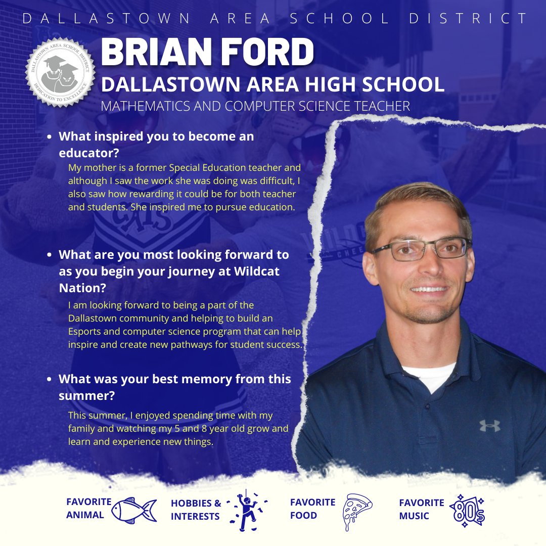 DallastownSD's tweet photo. Attention #WildcatNation! Please give a warm welcome to Brian Ford, Mathematics and Computer Science Teacher at #DAHS! https://t.co/vH7M4KEa6o
