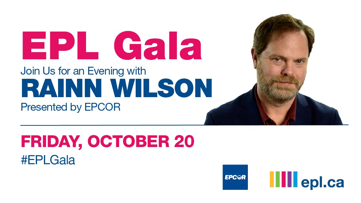 EPLdotCA's tweet photo. 🗓️ Save the Date! Join us for EPL Gala, presented by @EPCOR.

Friday, Oct. 20: Rainn Wilson inspires and entertains. Immerse in fundraising, savour cocktails and bid on treasures. Ignite young minds through Ready. Set. READ! https://t.co/EgZsIJbskE 📖 #EPLG https://t.co/iMumX1SmNI