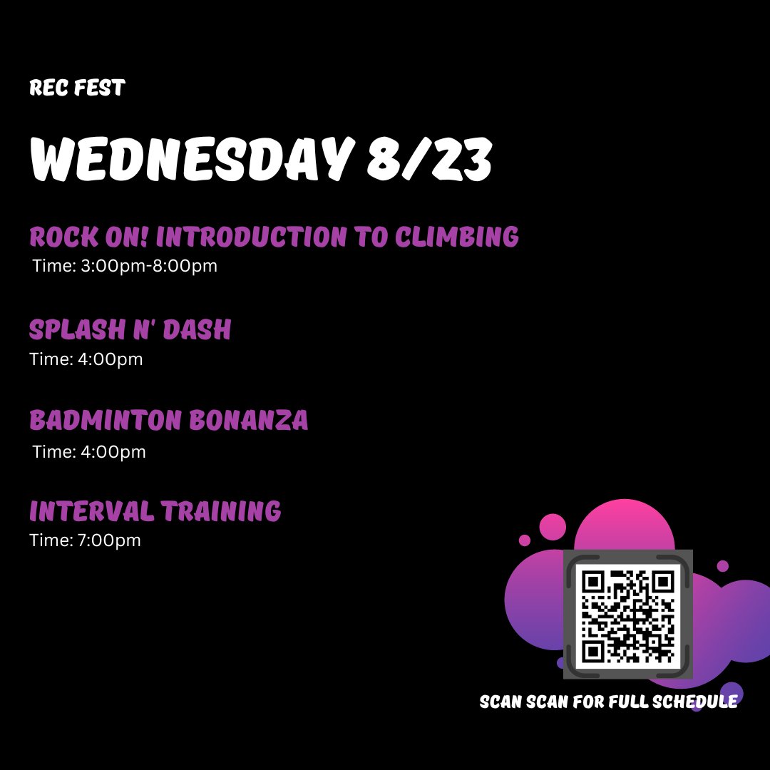 UNTRecSports's tweet image. DAY 3 of REC FEST!!! Come out and learn how to rock climb
Scan the QR code for more details on each event

#untrec #RecFest2023 #RecFest2022 #GetExcited #QRCode #EventDetails #UniversityofNorthTexas #UNTLife  #UNTRecCenter #CampusRecreation #ExploreUNT