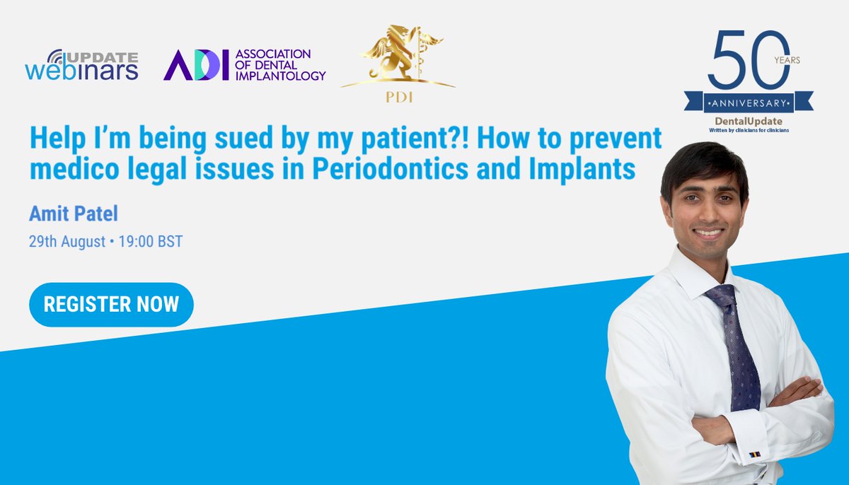 ADI_dental's tweet image. Join us at 7pm on 29 August for our webinar w/Dr Amit Patel! He'll dive into the importance of PI insurance and how to prevent medical-legal issues in Periodontics &amp;amp; Implants. 

Register: ow.ly/68YI50PBW7W

#PIInsurance #Dental #Dentistry