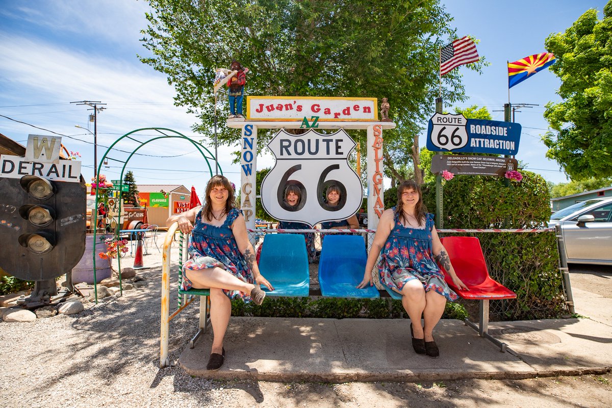 I'm a solo traveling gal but sometimes it would be nice to have a friend, like when I see one of these cut-out photo ops that doesn't look right with one person. But in those cases, I improvise. 😉 Find this Route 66 photo station at Delgadillo’s Snow Cap in Seligman, Arizona.