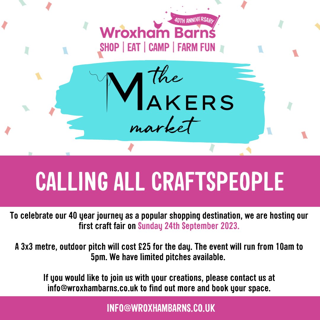 Calling all Craftspeople 📣 To celebrate our 40th anniversary, we will be holding our first craft fair on Sunday 24th September. Spaces are limited and we expect them to go fast! Contact us at info@wroxhambarns.co.uk.
