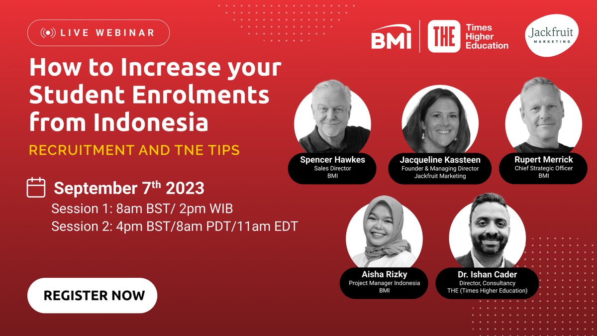 Interested in increasing your enrolments from #Indonesia? Join our free webinar to discover the latest trends, tips on improving your recruitment &amp; TNE strategies. 
🗓️ Thu, Sept 7  
⏰Session 1: 8am BST/ 2pm WIB 
⏰Session 2: 4pm BST/ 8am PDT
Register: lnkd.in/e6u6RNMH
