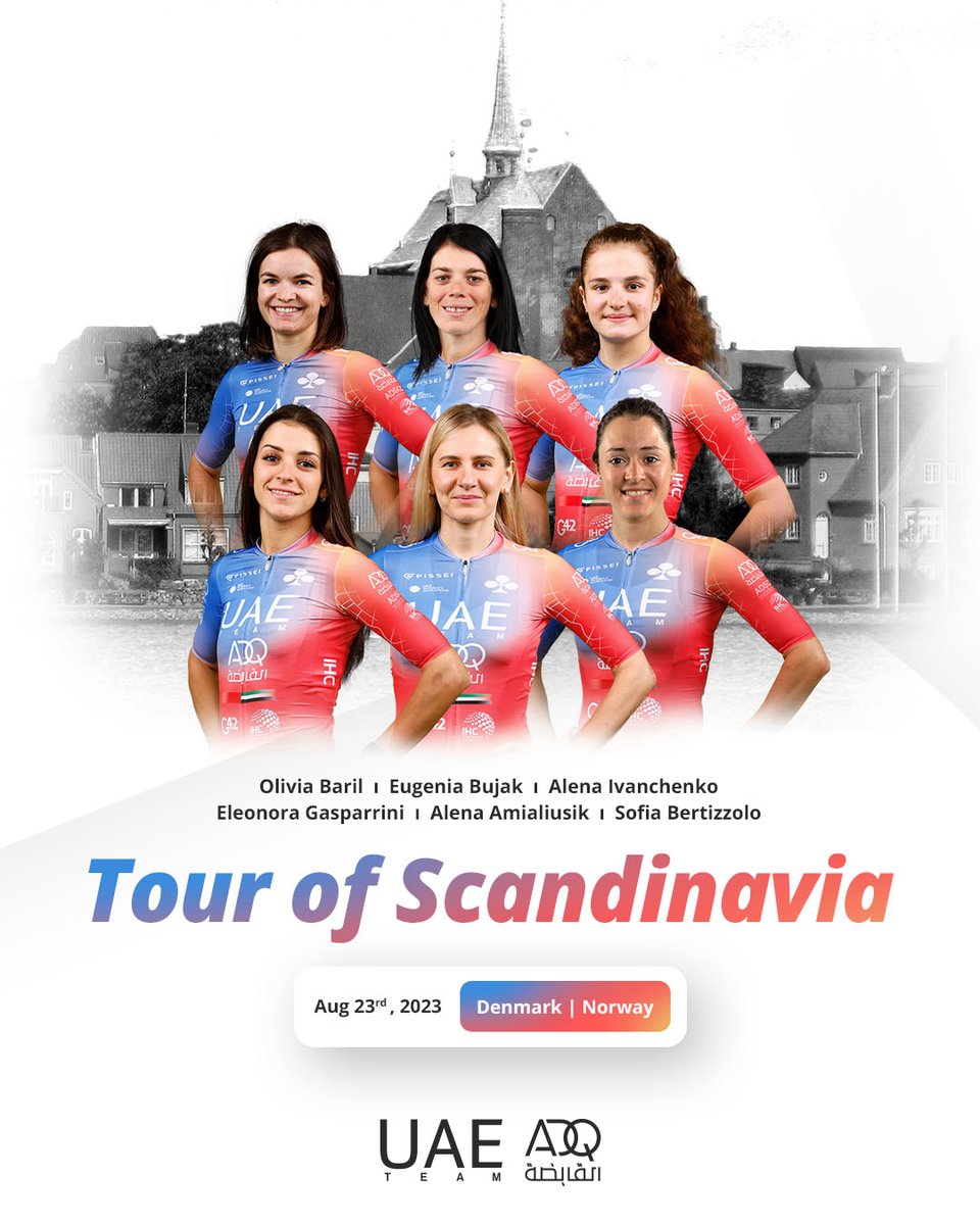 UAETeamADQ's tweet photo. 23.08-27.08
Tour of Scandinavia (2.WWT)
🇩🇰 / 🇳🇴
LINE UP:
Olivia #Baril
Alena #Ivanchenko
@EugeniaBujak
@ele_gaspa
@amialiusik
Sofia #Bertizzolo
More info: https://t.co/lgiTCytLuN https://t.co/edwEmiVwh9