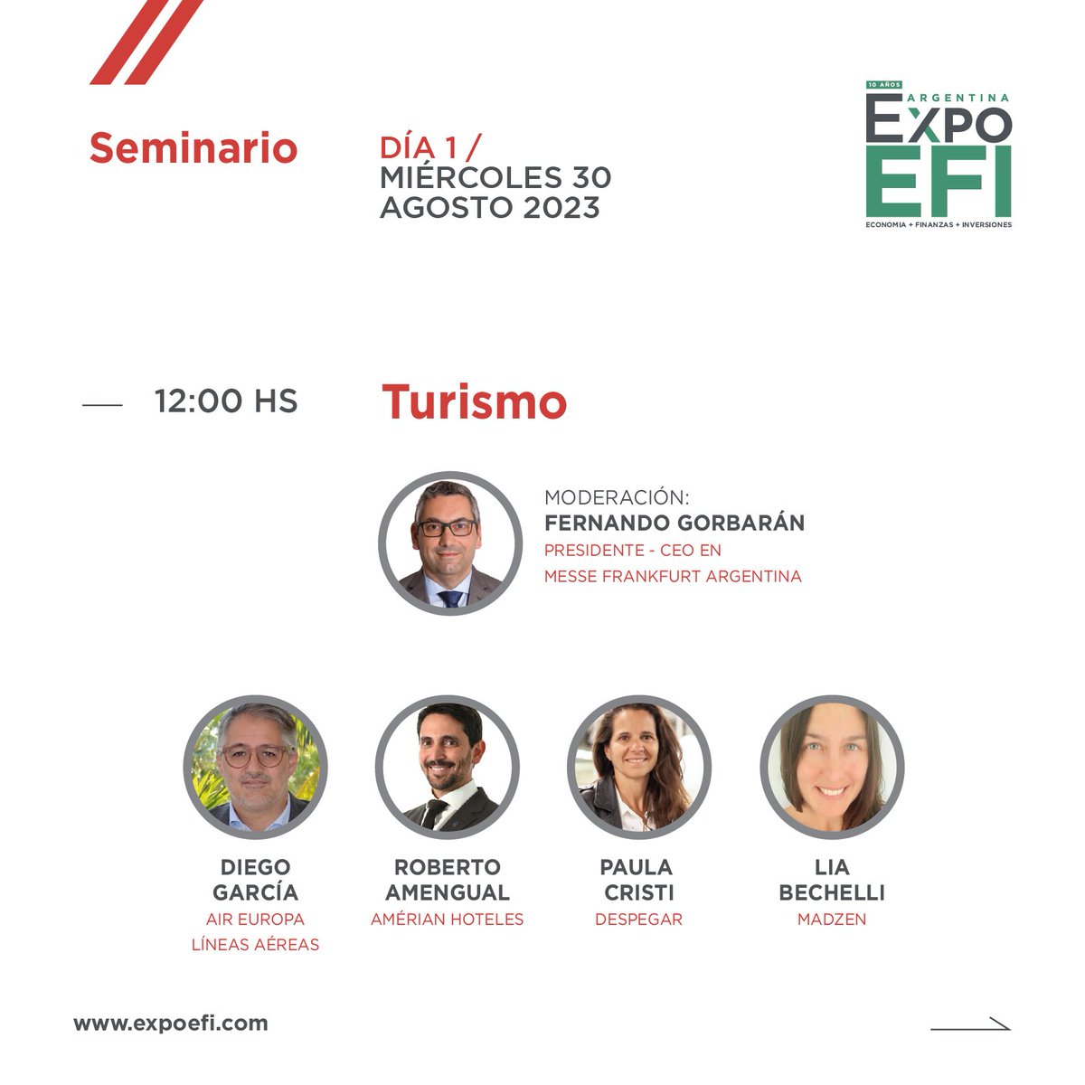 ExpoEFI's tweet photo. #Seminario #ExpoEFI TURISMO
-
Diego García @aireuropa 
Roberto Amengual @AmerianHoteles
Paula Cristi @DespegarAr 
Lia Bechelli #Madzen 
Moderación: Fernando Gorbarán, Presidente &amp; CEO @messeargentina @fgorbaran 
-
DÍA 1: 30 de agosto - 12 hs.
https://t.co/f4arMAlvEe https://t.co/zFeuDDCmlq