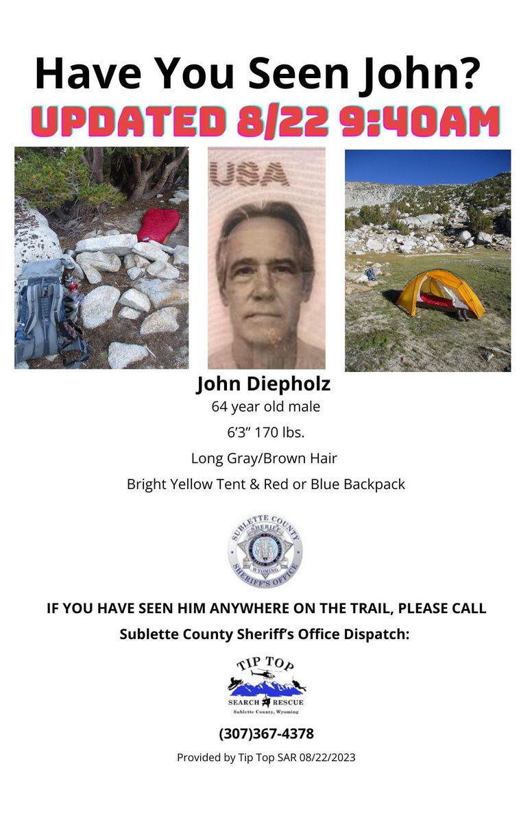 SheriffSublette's tweet image. ***Update 8/22/23 9:45am

We have received an updated passport photo of John Diepholz which shows him clean shaven recently (August 2023) please share this updated photo and call Sublette County Dispatch if you have seen John 307-367-4378

#TipTopSAR #SCSO