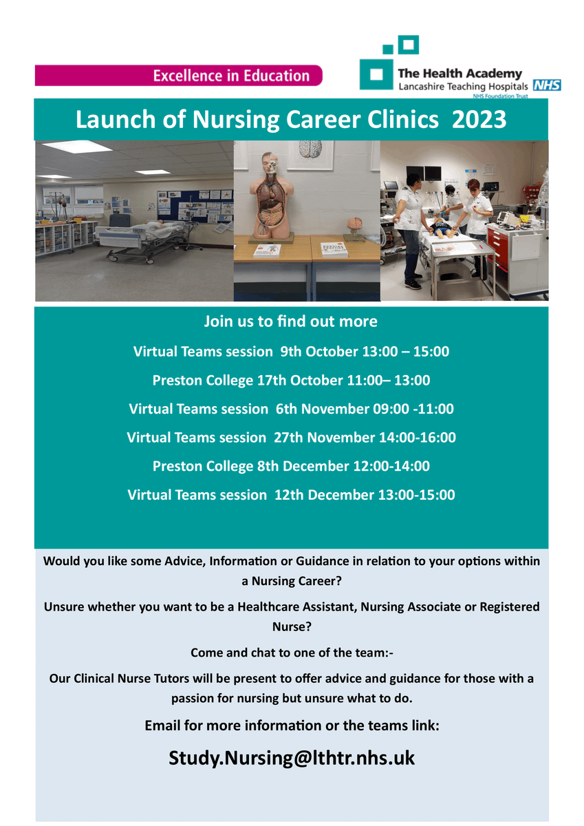 LancsHospitals's tweet photo. Considering a nursing career? Need advice or guidance?

Our Nurse Tutors host virtual and in-person open days. Get support and info on starting your journey. 

Check the poster for details. https://t.co/5wtvLWiYNM