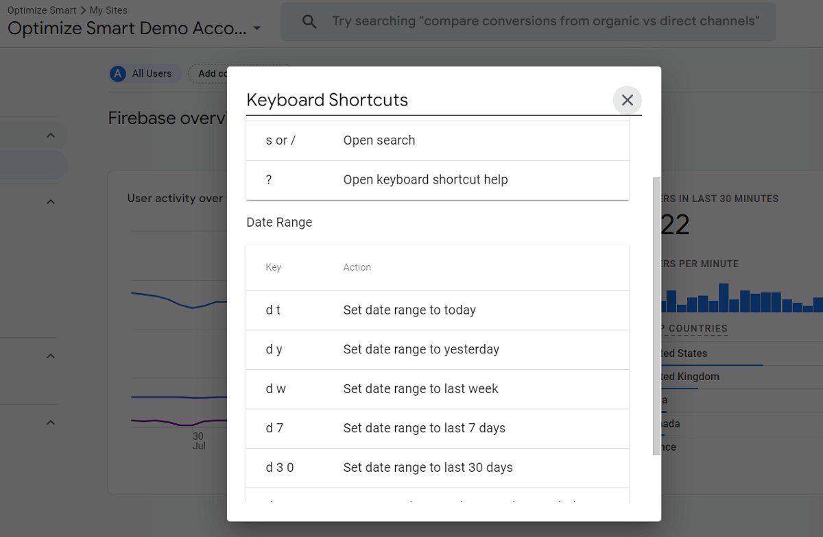 analyticsnerd's tweet photo. #GA4 tip >> Press Shift + ? to display this pop-up while logged into your GA4 property. Then memorize the keyboard shortcuts that are important to you. For example, if you press 'dy' on your keyboard, you can automatically set the date range to 'yesterday'.