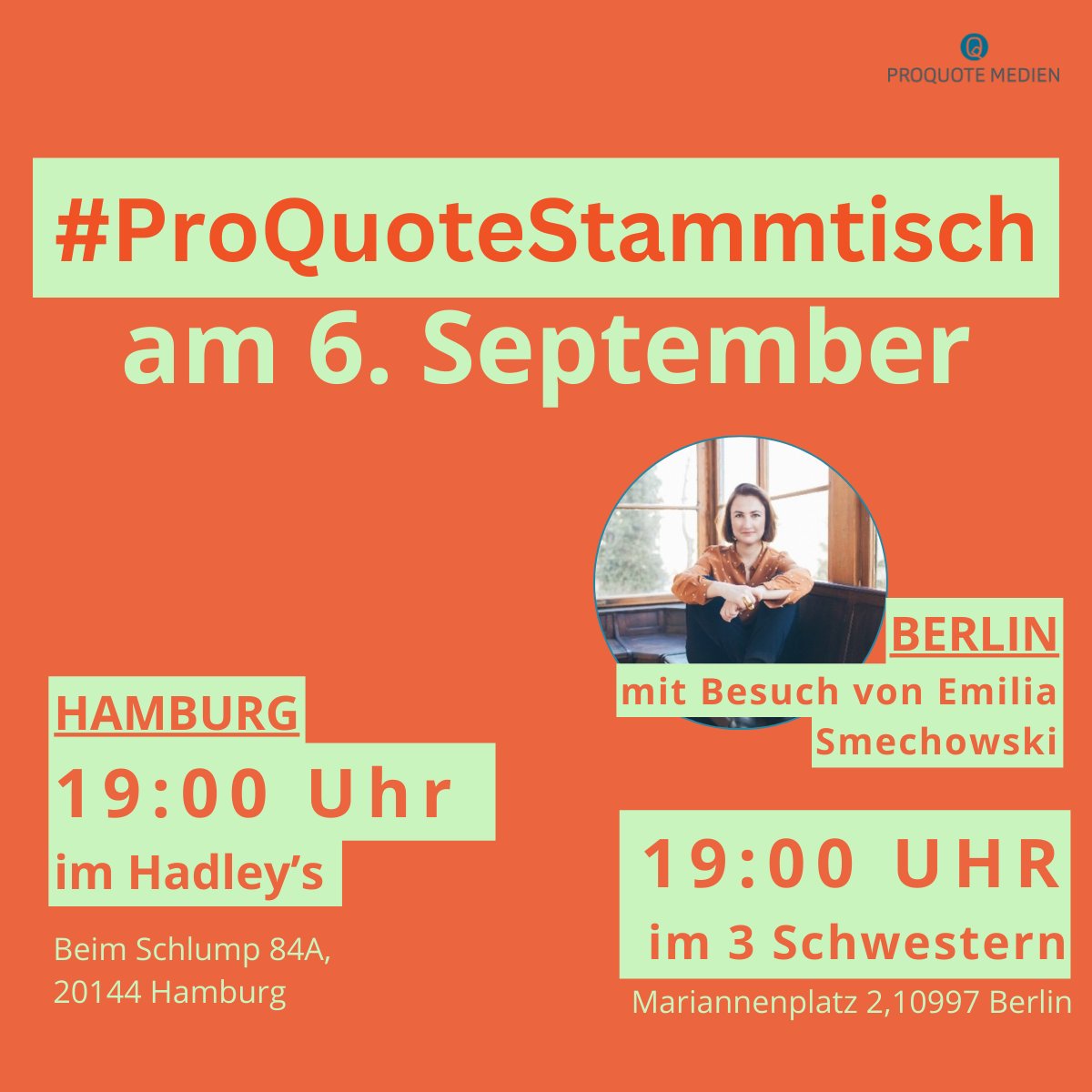 quote_pro's tweet photo. Und noch ein #ProQuote Event :) Genau genommen, zwei!
Unsere #ProQuoteStammtisch findet wieder in Präsenz statt. Zeitgleich in HAMBURG und BERLIN!
📆 Datum: 6.09.
⏰ 19 Uhr
📍 Hamburg: Hadleys, Beim Schlump 84 A, 20144 HH
📍 Berlin: 3 Schwestern, Mariannenplatz 2, 10997 B https://t.co/CKlgVUHHlg