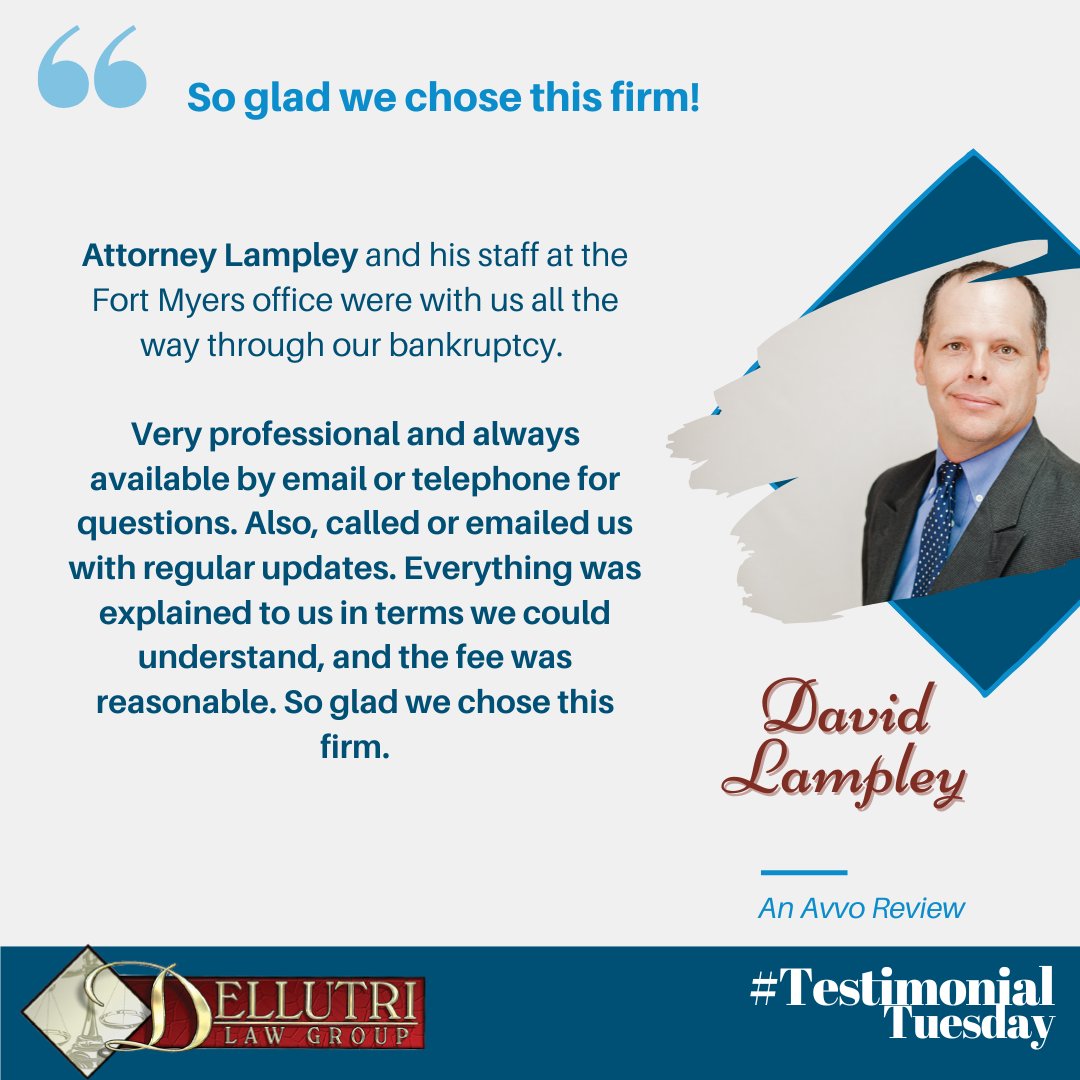 We ❤️  Avvo Reviews!

____
#DellutriLawGroup #DLG #TestimonialTuesday #WeLoveOurClients #DLGCares #CallTheDLG #ThankYou #AttorneyLife #Review #Reviews #Caring #Helpful #Professional #RightChoice #DavidLampley #Fair #FairPrice #Bankruptcy #Update