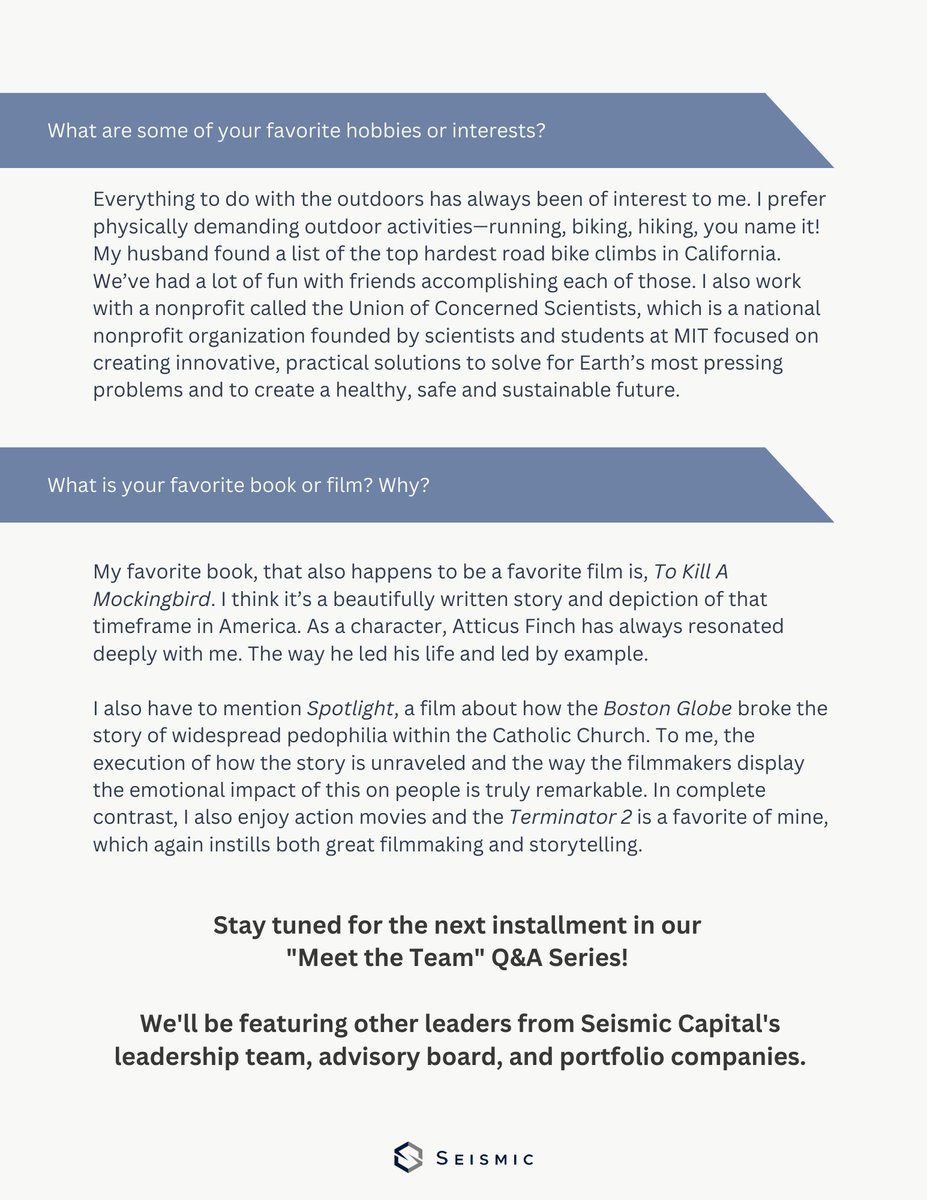 Read as Chief Financial Officer Alice Neuhauser shares important lessons learned throughout her career, her thoughts on the most important qualities for startups to succeed, and more for our "Meet the Team" executive Q&amp;A series. Visit SeismicCC.com to learn more.