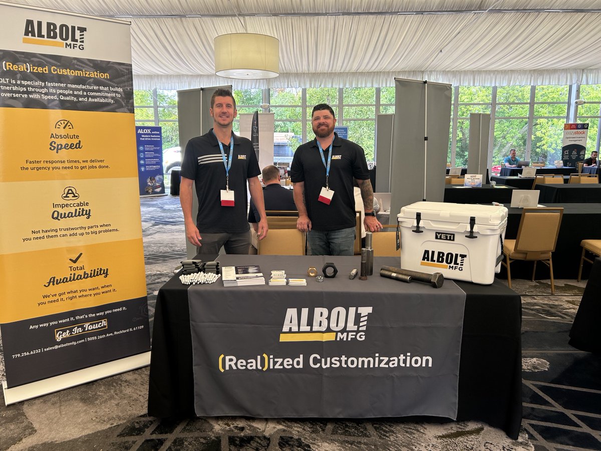 AlboltMFG's tweet photo. Going to the @MWFA_News Fastener Show in Lincolnshire today? Stop by the Albolt table for a can koozie, pen, chance to win a cooler, and the opportunity to talk to Dale and Jeremy to learn how Albolt can work for you. Albolt offers everything to make anything! #SpecialtyFasteners https://t.co/Uy3FsVpmn7
