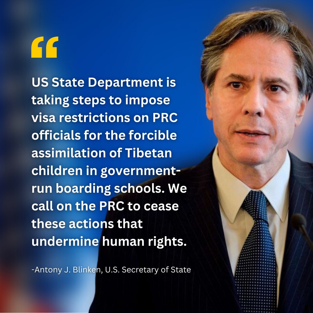 Thank you <a href="/SecBlinken/">Secretary Antony Blinken</a> &amp; <a href="/StateDept/">Department of State</a> especially <a href="/UnderSecStateJ/">Under Secretary J</a>! Tibet Action is hugely encouraged to see China being held accountable for taking nearly all Tibetan children (4 - 18 yrs) away from their parents to live in a genocidal boarding school system. state.gov/announcement-o…