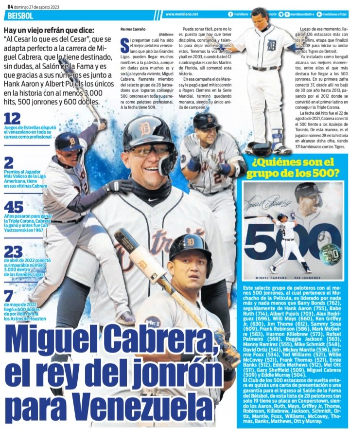 RdeReimer's tweet photo. Hoy se cumplen dos años desde que Miguel Cabrera conectó su jonrón 500 en la MLB, a propósito de esto escribí unas líneas sobre aquel hito para el semanario de @MeridianoTV 

Entrar a este grupo es una carta de presentación para el Salón de la Fama a donde, sin dudas, llegará. https://t.co/BDJh8B7HrZ