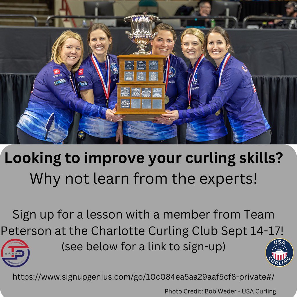 ‼️Attention Charlotte area curlers‼️We are coming to your club in a few weekends. Sign up for a lesson with one of us, it will be so fun!! signupgenius.com/go/10c084ea5aa…