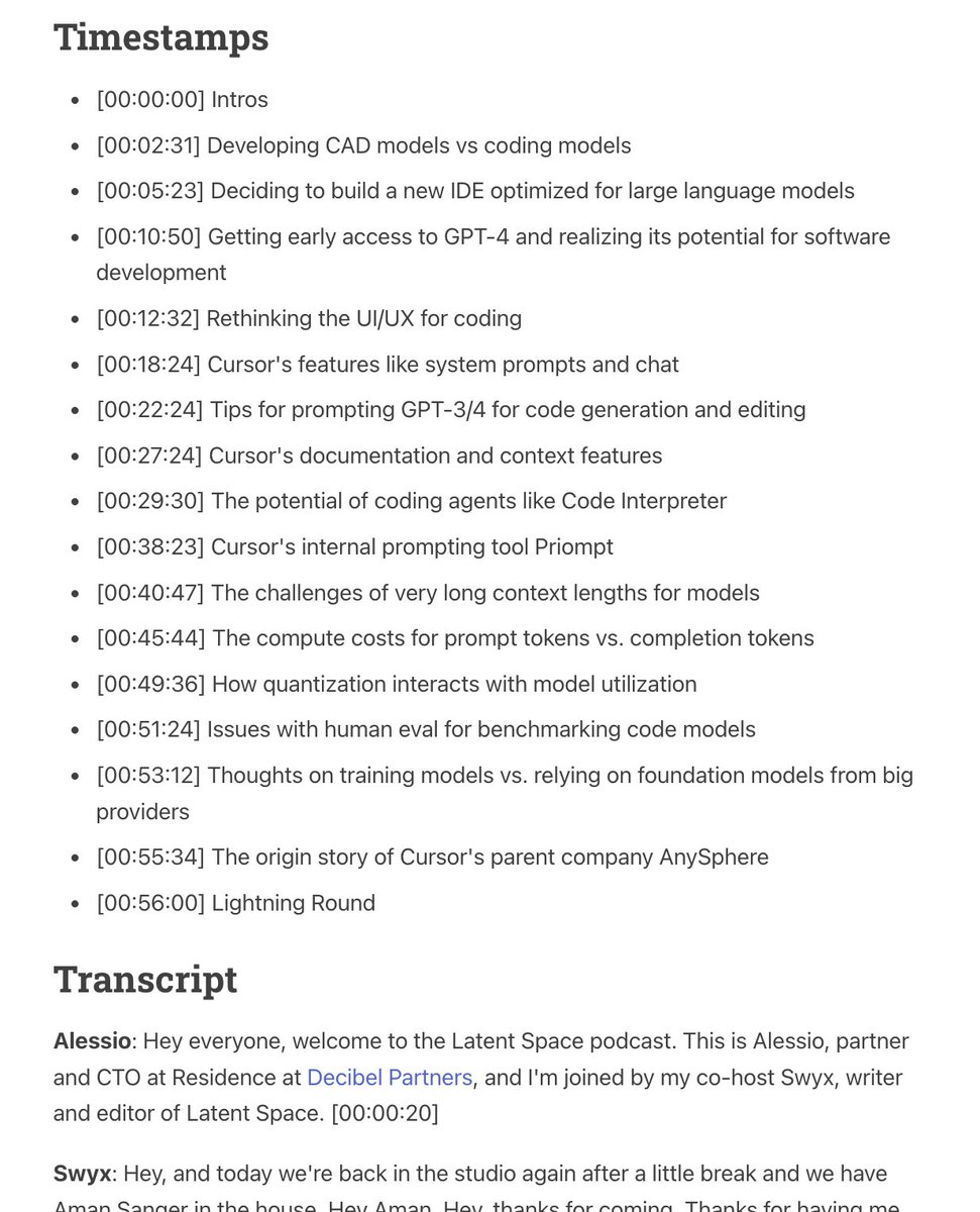 swyx's tweet image. 🆕 pod with @amanrsanger of Cursor.so!  

latent.space/p/cursor 

Covering:

- joining @OpenAI Converge and getting early access to GPT-4 
- Rethinking the UI/UX for coding 
- The thinking behind Cursor's current featureset, including prompting (ft. Priompt!),…